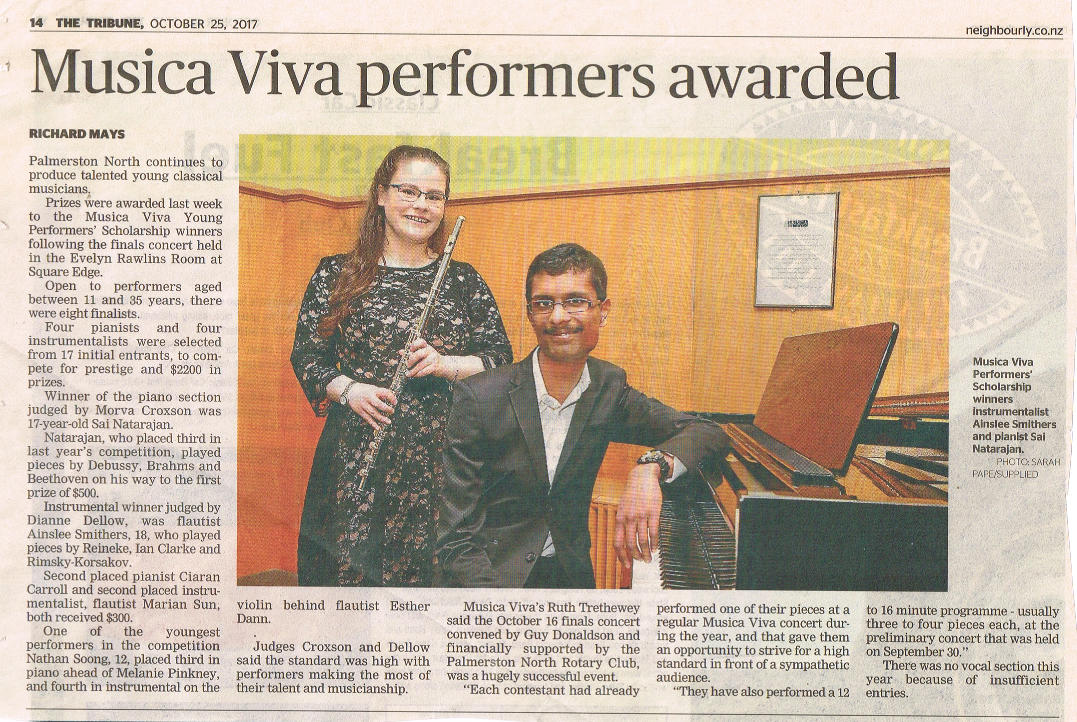“Musica Viva performers awarded” (The Tribune article, October 25, 2017)