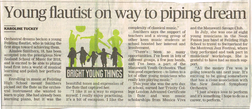 “Young flautist on way to piping dream” (Manawatu Standard article, December 5, 2017)